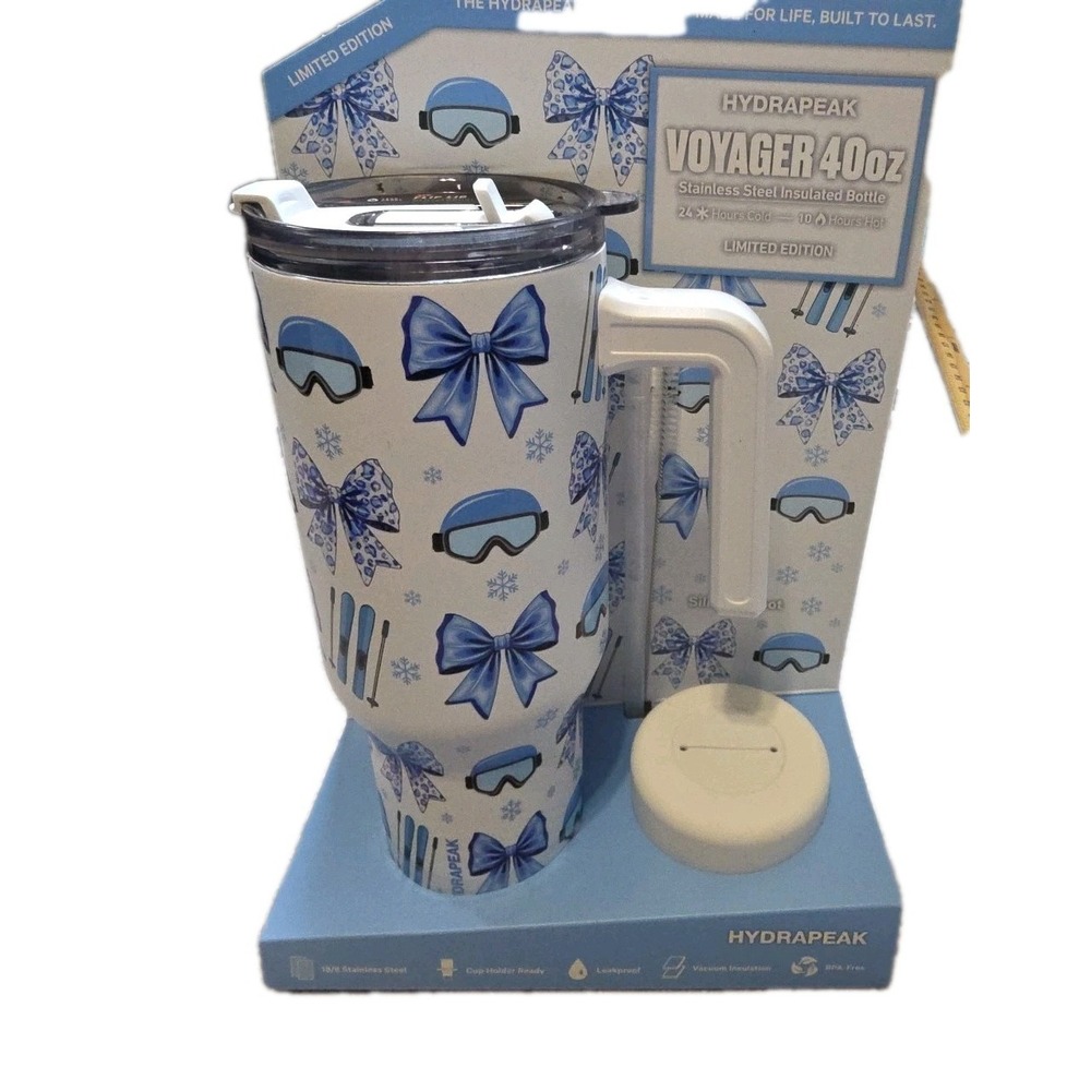 NIB Hydrapeak Voyager Winter Tumbler Set With Skis, Goggles & Cheetah Bows